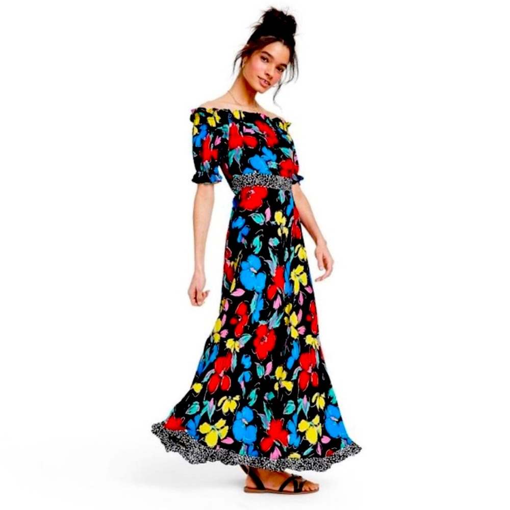 RIXO x TARGET BOHO BLACK FLORAL OFF THE SHOULDER MAXI DRESS RED BLUE BLK SIZE 8
